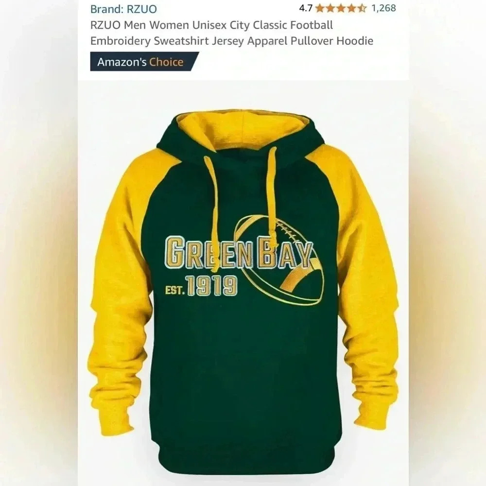 ๐งโRzuoโ Unisex Green Bay Packers Green/Yellow PulloverHooded Sweatshirt Size XL๐ - Picture 4 of 16